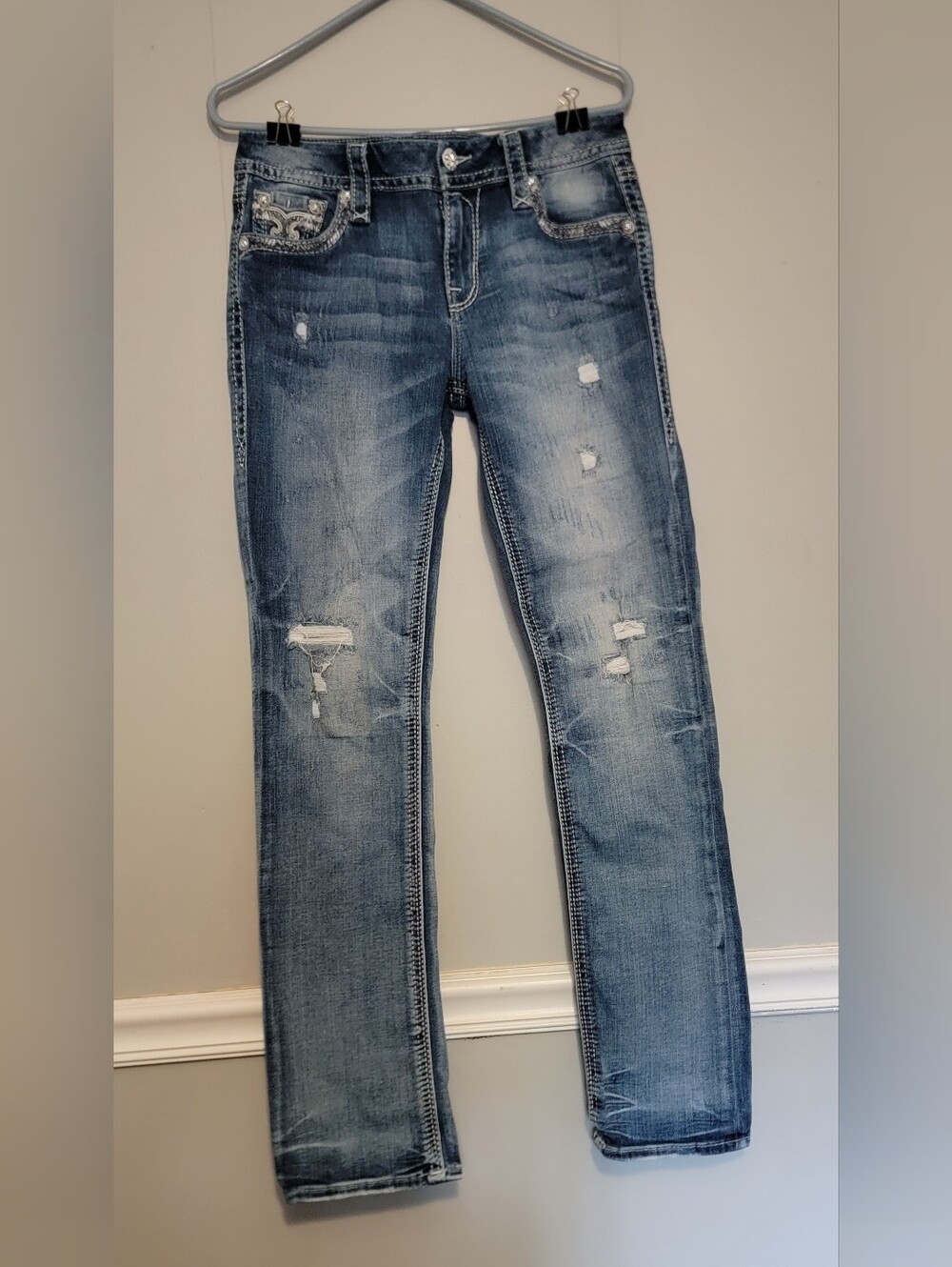 Rock Revival Women's Straight Leg Distressed Jeans in Blue Size 28